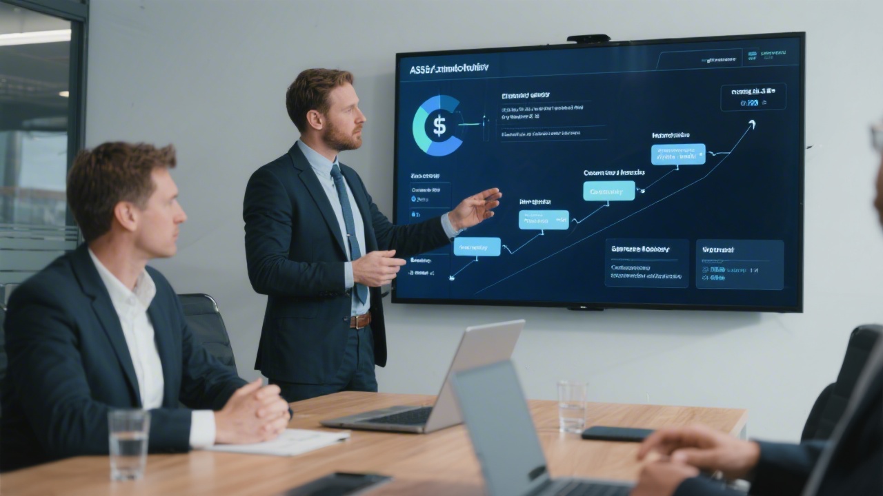 Focused advisor presenting financial workflow on large touchscreen to attentive client in conference room, highlighting process steps, compliance checkpoints, and improvement recommendations.