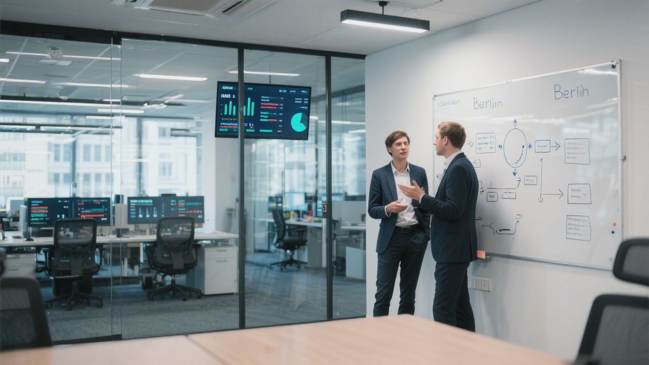 Modern Berlin office space with glass walls, collaborative workstations, digital displays showing financial data, and two professionals discussing strategies near a whiteboard with process diagrams.