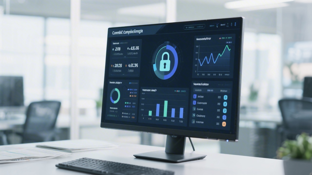 Detailed compliance dashboard on widescreen monitor showing key accounting indicators, variance analysis charts, and control checklists with secure lock icons in modern office environment.