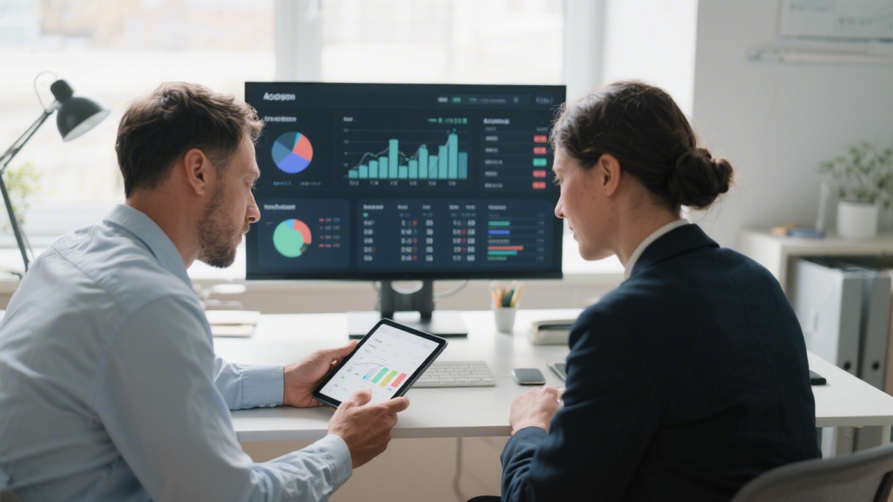 Two professionals collaborating in front of large monitor displaying accounting dashboards, scheduling next steps on digital tablet with tidy desk setup and natural daylight.