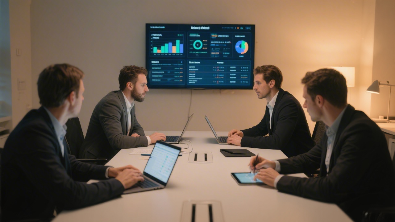 Professional finance analysts collaborating around illuminated digital dashboard in Berlin office, reviewing ledgers and compliance checklists on laptops and tablets in minimalist meeting room with warm light.