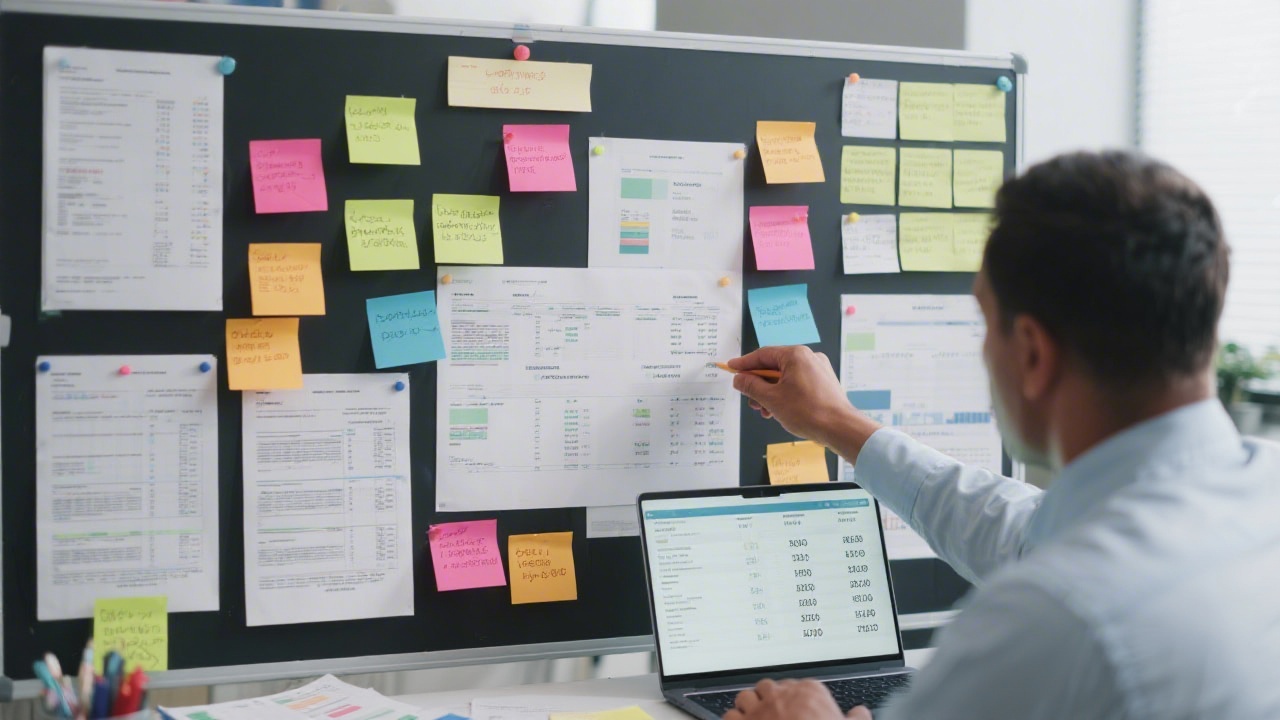 Detailed reconciliation process board with color-coded sticky notes, ledger printouts, and analyst highlighting outstanding transactions while referencing laptop displaying matching balances.