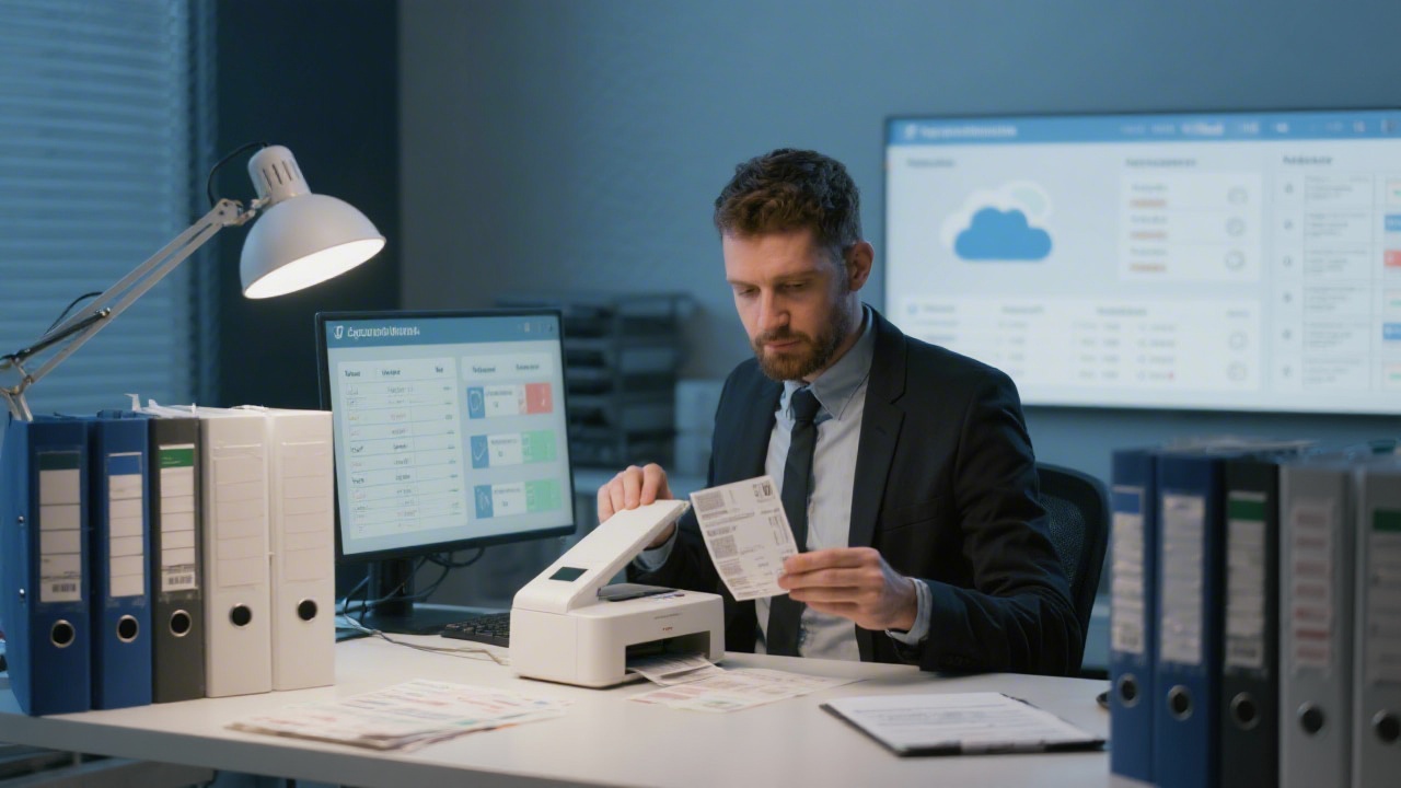 Accounting professional digitizing receipts using high-resolution scanner connected to cloud workflow dashboard, surrounded by organized folders, compliance checklist and modern office lighting.